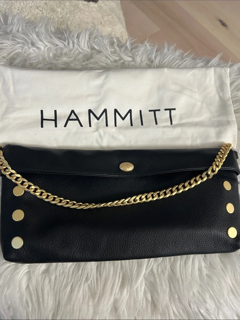 Hammitt Black Leather Foldover Clutch with Gold Chain